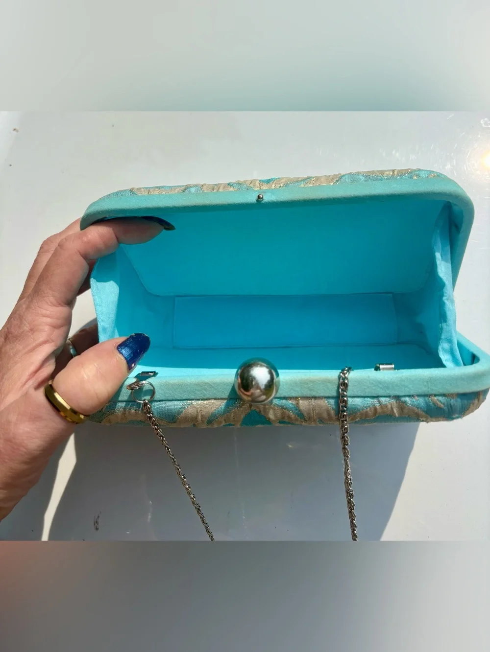 Roberta Freymann Turquoise and Gold Embossed Clutch/Chain Crossbody- Kiss lock
